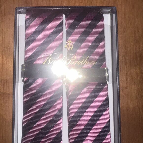 NEW Brooks Brothers Suspenders Braces Navy/Pink Stripe Adjustable Y Back Leather - Picture 2 of 7
